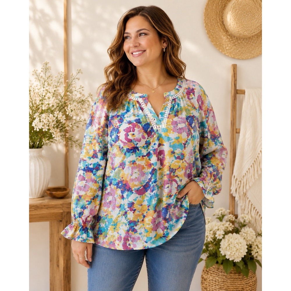 Floral & Ivy Women's Large Multicolor Floral Blouse Crochet Trim Boho Top